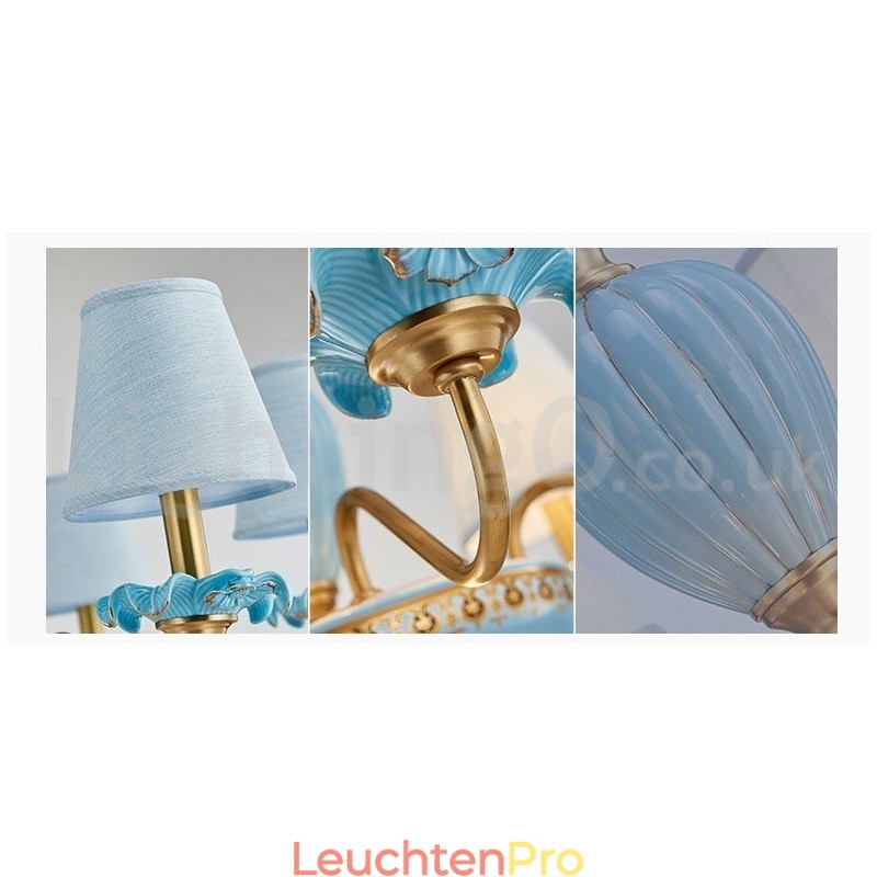 Retro Vintage Messing Keramik Anhänger Kerze Kronleuchter mit blauen Stoffschirmen