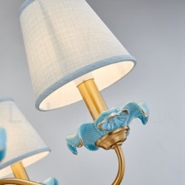 Retro Vintage Messing Keramik Anhänger Kerze Kronleuchter mit blauen Stoffschirmen