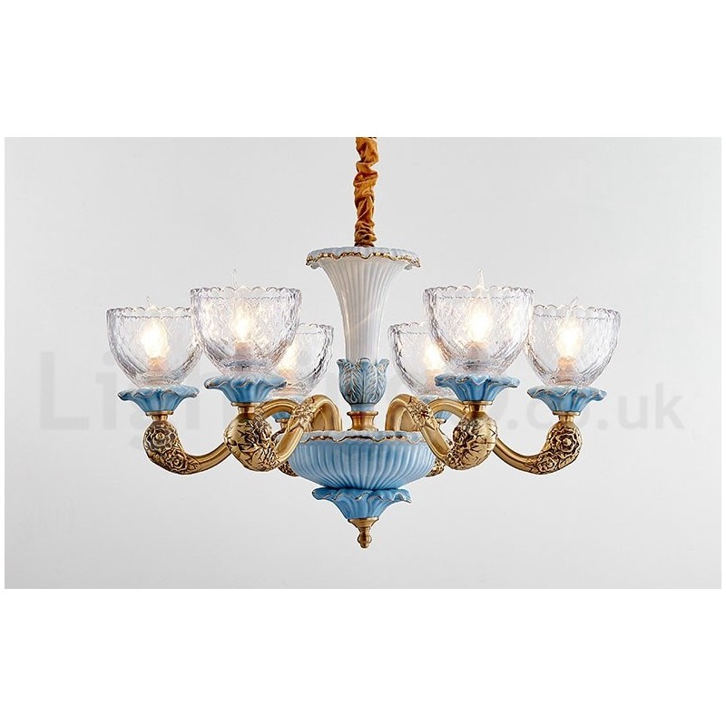 Retro Vintage Messing Keramik Anhänger Kerze Kronleuchter mit Glasschirmen