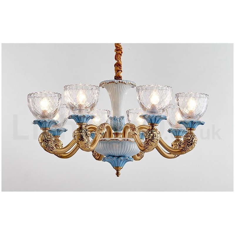 Retro Vintage Messing Keramik Anhänger Kerze Kronleuchter mit Glasschirmen