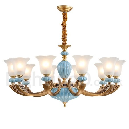 Retro Vintage Messing Keramik Anhänger Kerze Kronleuchter mit Glasschirmen Retro Vintage Messing Keramik Anhänger Kerze Kronleuchter mit Glasschirmen