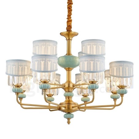 Luxuriöser rustikaler Retro-Keramik-Kerzenleuchter aus reinem Messing mit Stoff- und Kristallschirmen Luxuriöser rustikaler Retro-Keramik-Kerzenleuchter aus reinem Messing mit Stoff- und Kristallschirmen