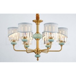 Luxuriöser rustikaler Retro-Keramik-Kerzenleuchter aus reinem Messing mit Stoff- und Kristallschirmen