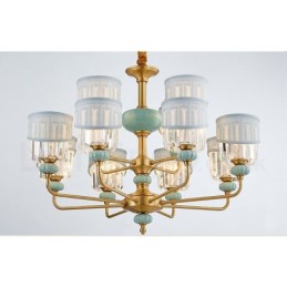 Luxuriöser rustikaler Retro-Keramik-Kerzenleuchter aus reinem Messing mit Stoff- und Kristallschirmen