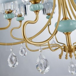 Luxuriöser rustikaler Retro-Keramik-Kerzenleuchter aus reinem Messing mit Stoff- und Kristallschirmen