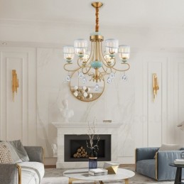 Luxuriöser rustikaler Retro-Keramik-Kerzenleuchter aus reinem Messing mit Stoff- und Kristallschirmen