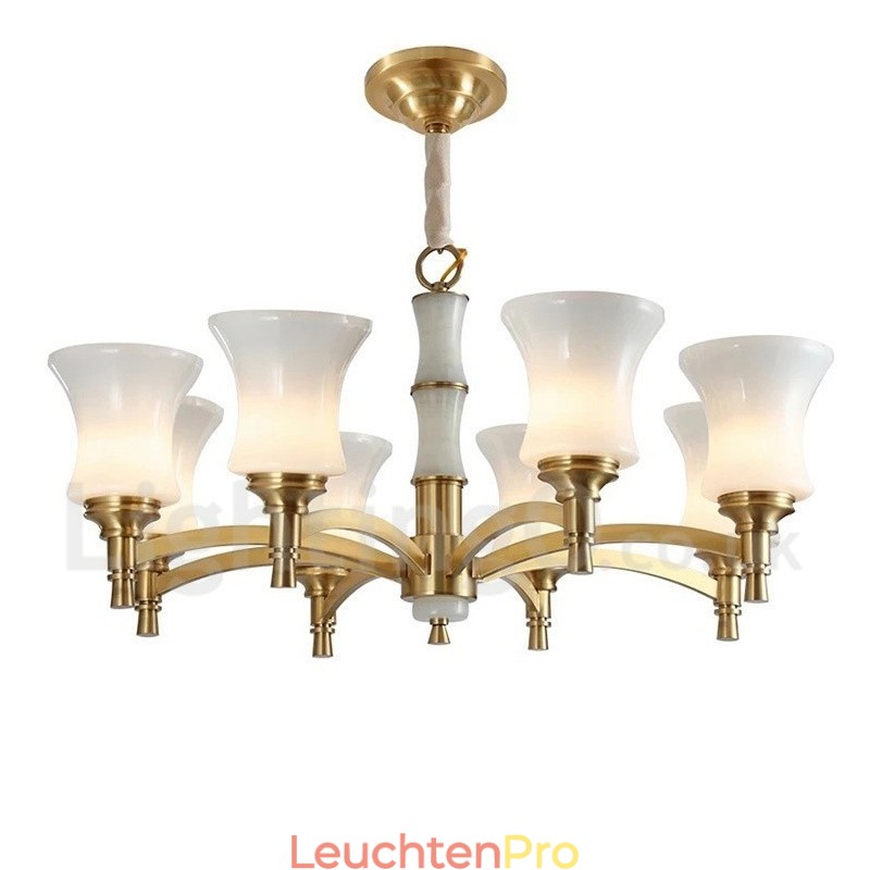 Luxuriöser rustikaler Retro-Kerzenleuchter aus reinem Messing im Vintage-Stil mit Steinanhänger und Glasschirmen
