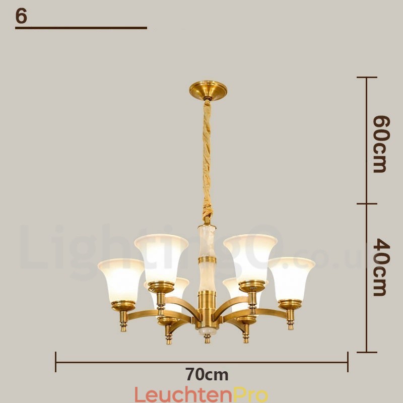 Luxuriöser rustikaler Retro-Kerzenleuchter aus reinem Messing im Vintage-Stil mit Steinanhänger und Glasschirmen