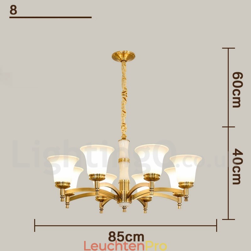 Luxuriöser rustikaler Retro-Kerzenleuchter aus reinem Messing im Vintage-Stil mit Steinanhänger und Glasschirmen