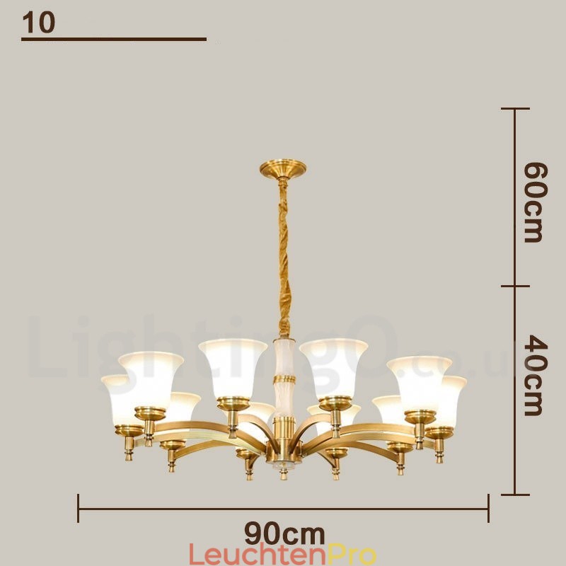Luxuriöser rustikaler Retro-Kerzenleuchter aus reinem Messing im Vintage-Stil mit Steinanhänger und Glasschirmen