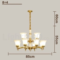 Luxuriöser rustikaler Retro-Kerzenleuchter aus reinem Messing im Vintage-Stil mit Steinanhänger und Glasschirmen