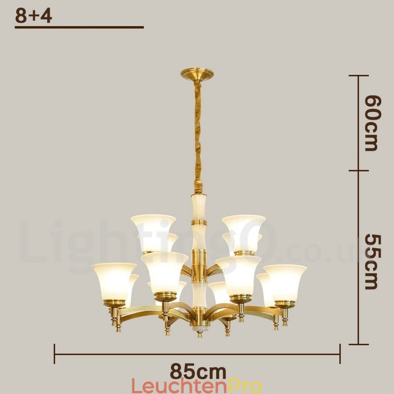 Luxuriöser rustikaler Retro-Kerzenleuchter aus reinem Messing im Vintage-Stil mit Steinanhänger und Glasschirmen