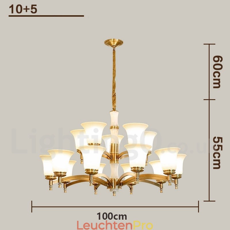 Luxuriöser rustikaler Retro-Kerzenleuchter aus reinem Messing im Vintage-Stil mit Steinanhänger und Glasschirmen