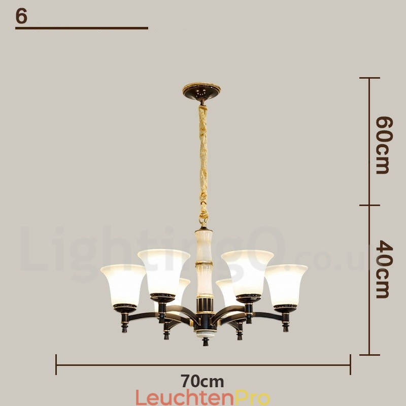Luxuriöser rustikaler Retro-Kerzenleuchter aus reinem Messing im Vintage-Stil mit Steinanhänger und Glasschirmen