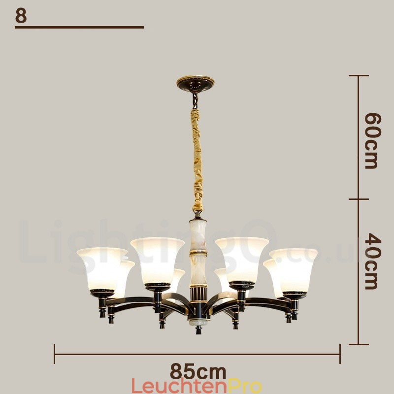 Luxuriöser rustikaler Retro-Kerzenleuchter aus reinem Messing im Vintage-Stil mit Steinanhänger und Glasschirmen