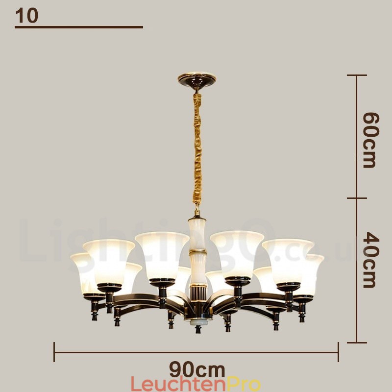 Luxuriöser rustikaler Retro-Kerzenleuchter aus reinem Messing im Vintage-Stil mit Steinanhänger und Glasschirmen