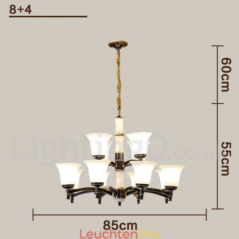 Luxuriöser rustikaler Retro-Kerzenleuchter aus reinem Messing im Vintage-Stil mit Steinanhänger und Glasschirmen