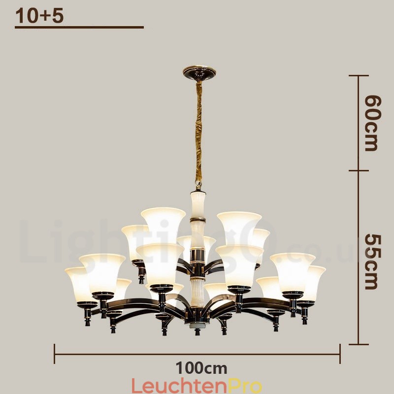 Luxuriöser rustikaler Retro-Kerzenleuchter aus reinem Messing im Vintage-Stil mit Steinanhänger und Glasschirmen
