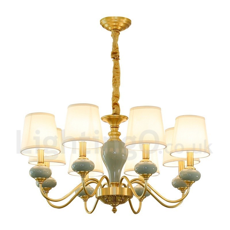 Luxuriöser rustikaler Retro-Vintage-Keramik-Pendelleuchter aus reinem Messing mit Stoffschirmen