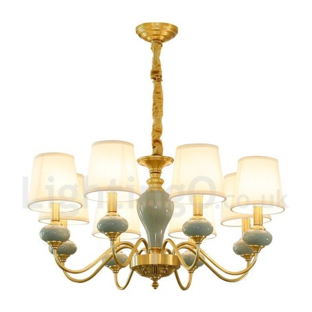 Luxuriöser rustikaler Retro-Vintage-Keramik-Pendelleuchter aus reinem Messing mit Stoffschirmen Luxuriöser rustikaler Retro-Vintage-Keramik-Pendelleuchter aus reinem Messing mit Stoffschirmen