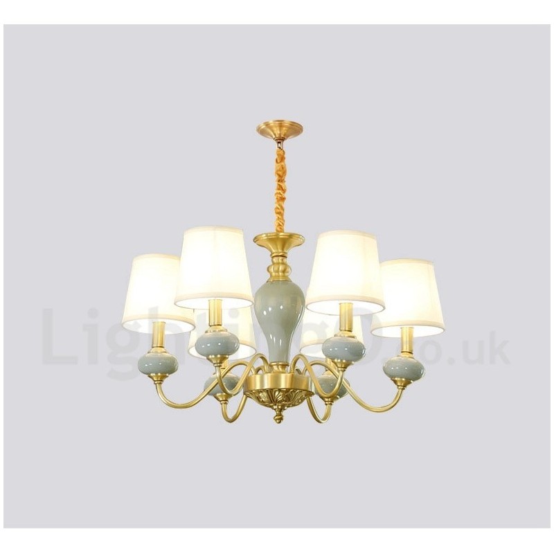 Luxuriöser rustikaler Retro-Vintage-Keramik-Pendelleuchter aus reinem Messing mit Stoffschirmen
