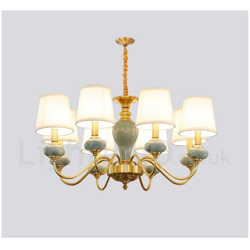Luxuriöser rustikaler Retro-Vintage-Keramik-Pendelleuchter aus reinem Messing mit Stoffschirmen
