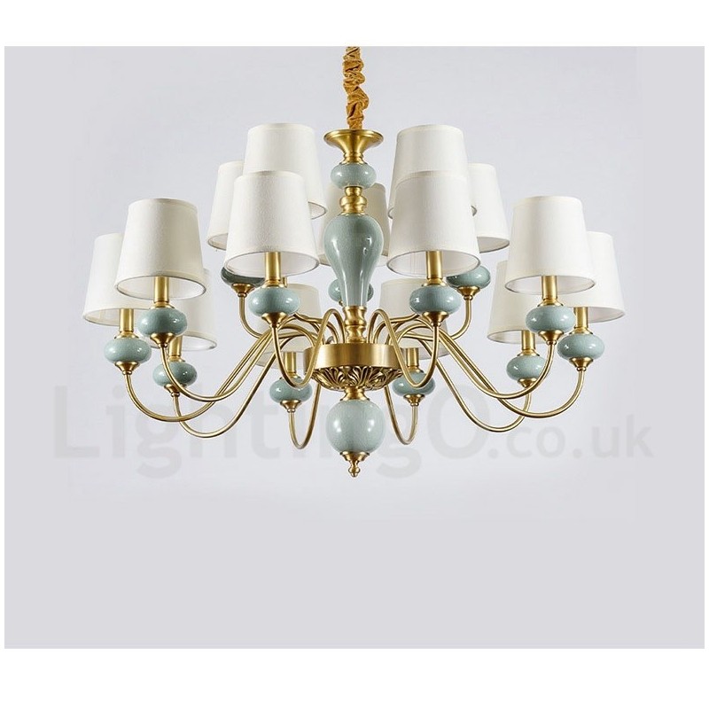 Luxuriöser rustikaler Retro-Vintage-Keramik-Pendelleuchter aus reinem Messing mit Stoffschirmen