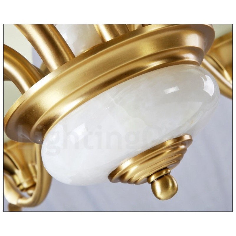Luxuriöser rustikaler Retro-Kerzenleuchter aus reinem Messing im Vintage-Stil mit Steinanhänger und Glasschirmen