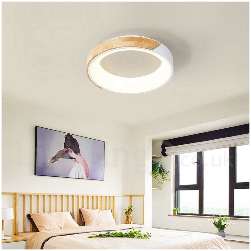 Dimmbare mehrfarbige runde Deckenleuchte aus Holz mit Acrylschirm, Deckenlampe im nordischen Stil