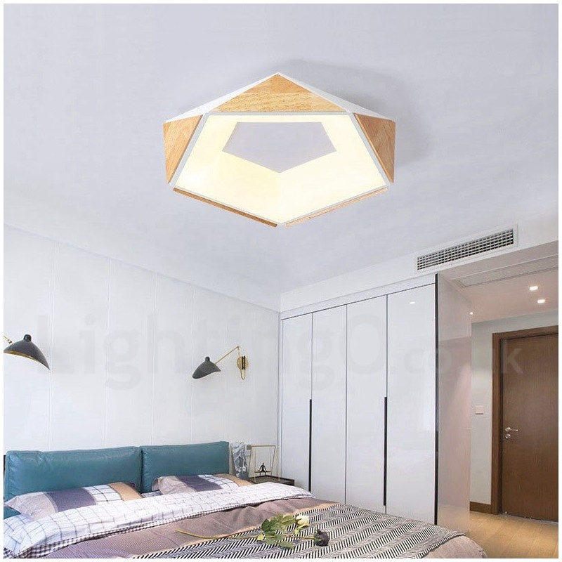 Dimmbare mehrfarbige Deckenleuchte aus fünfeckigem Holz mit Acrylschirm, Deckenlampe im nordischen Stil