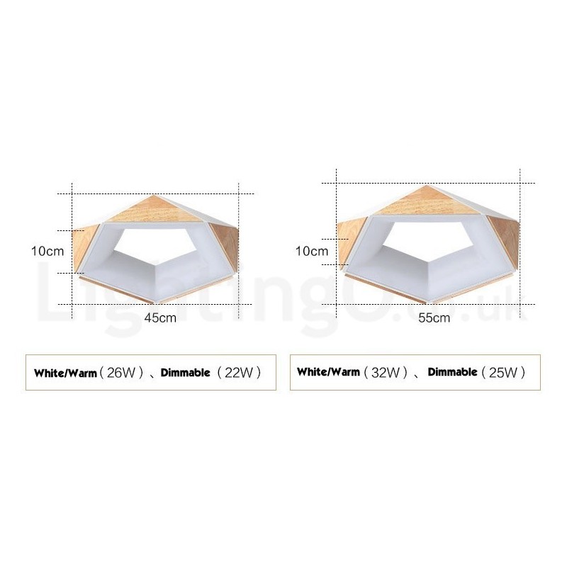 Dimmbare mehrfarbige Deckenleuchte aus fünfeckigem Holz mit Acrylschirm, Deckenlampe im nordischen Stil