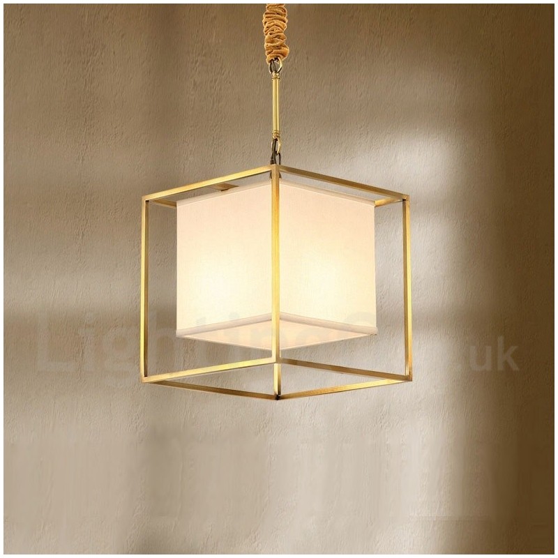 Hängeleuchte aus reinem Messing, schlicht, rustikal, Retro, Vintage, Messing, mit Stoffschirm