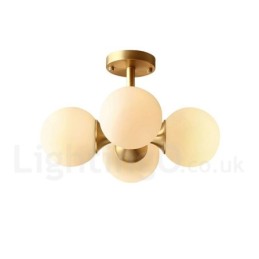 Deckenleuchte mit 4 Lichtern, reines Messing, modern, zeitgenössisch, schlicht, rustikal, Retro, Vintage, mit Glasschirmen