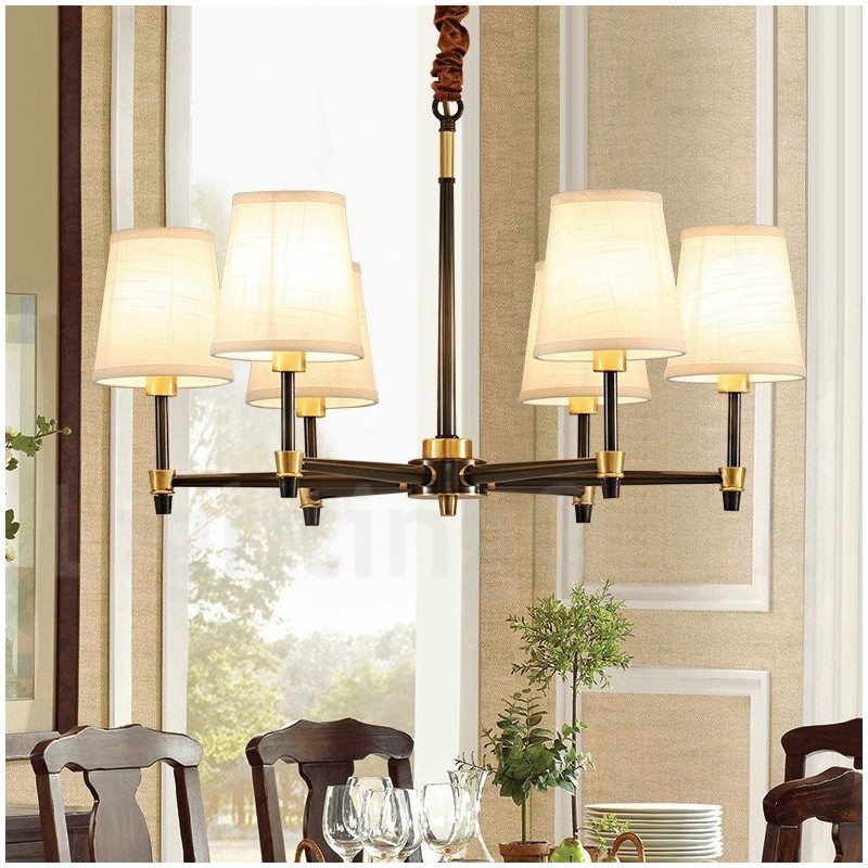 Großer luxuriöser rustikaler Retro-Vintage-Kronleuchter aus reinem Messing mit Stoffschirmen