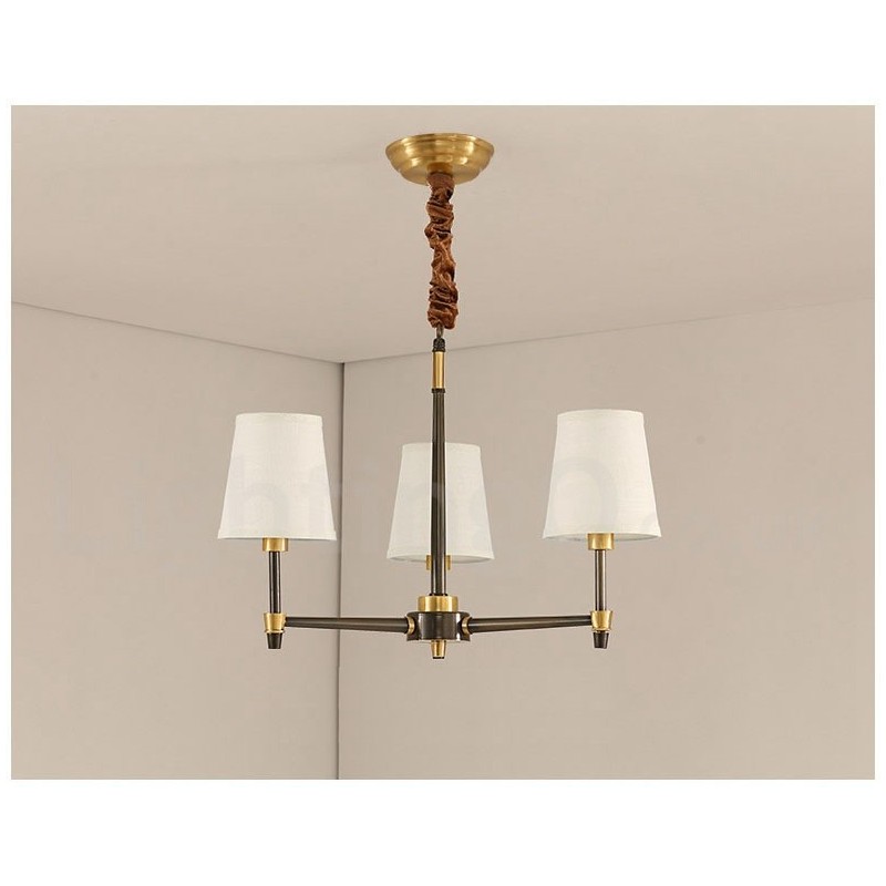 Großer luxuriöser rustikaler Retro-Vintage-Kronleuchter aus reinem Messing mit Stoffschirmen