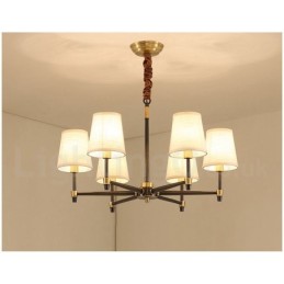 Großer luxuriöser rustikaler Retro-Vintage-Kronleuchter aus reinem Messing mit Stoffschirmen