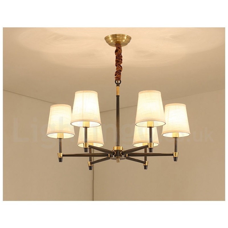 Großer luxuriöser rustikaler Retro-Vintage-Kronleuchter aus reinem Messing mit Stoffschirmen