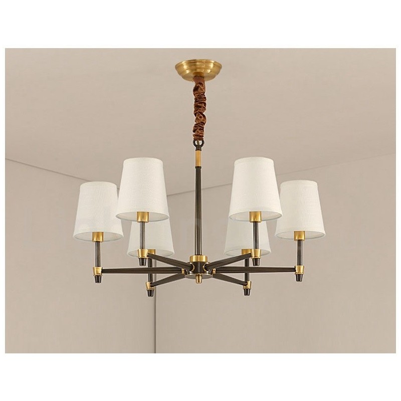 Großer luxuriöser rustikaler Retro-Vintage-Kronleuchter aus reinem Messing mit Stoffschirmen