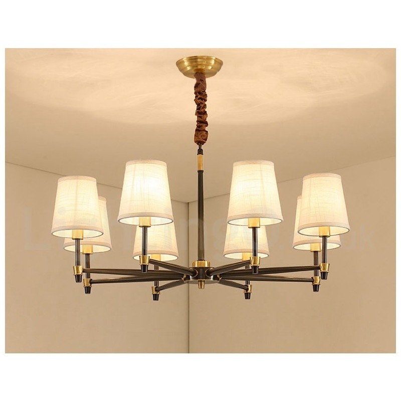 Großer luxuriöser rustikaler Retro-Vintage-Kronleuchter aus reinem Messing mit Stoffschirmen