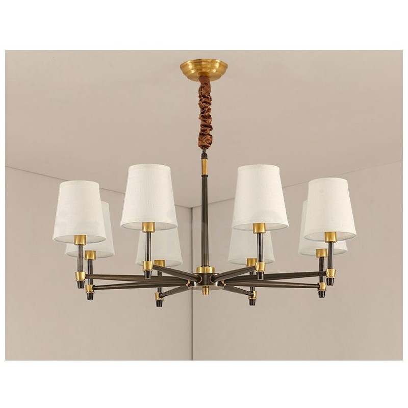Großer luxuriöser rustikaler Retro-Vintage-Kronleuchter aus reinem Messing mit Stoffschirmen