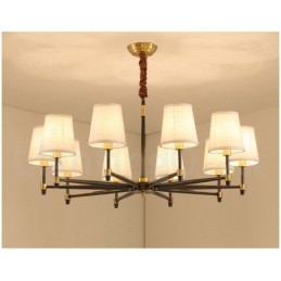 Großer luxuriöser rustikaler Retro-Vintage-Kronleuchter aus reinem Messing mit Stoffschirmen