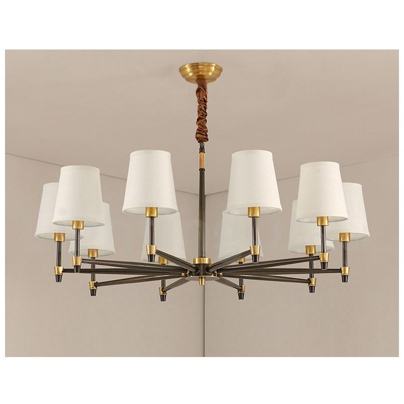Großer luxuriöser rustikaler Retro-Vintage-Kronleuchter aus reinem Messing mit Stoffschirmen