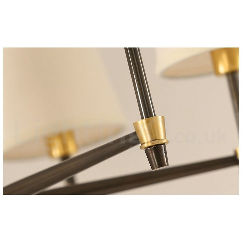 Großer luxuriöser rustikaler Retro-Vintage-Kronleuchter aus reinem Messing mit Stoffschirmen