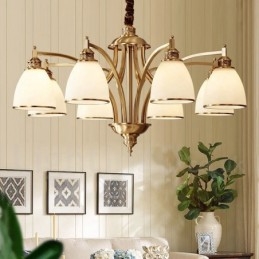 Großer luxuriöser rustikaler Retro-Vintage-Kronleuchter aus reinem Messing mit Glasschirmen
