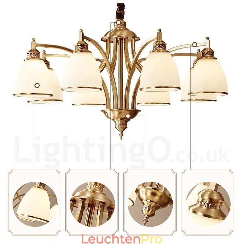Großer luxuriöser rustikaler Retro-Vintage-Kronleuchter aus reinem Messing mit Glasschirmen