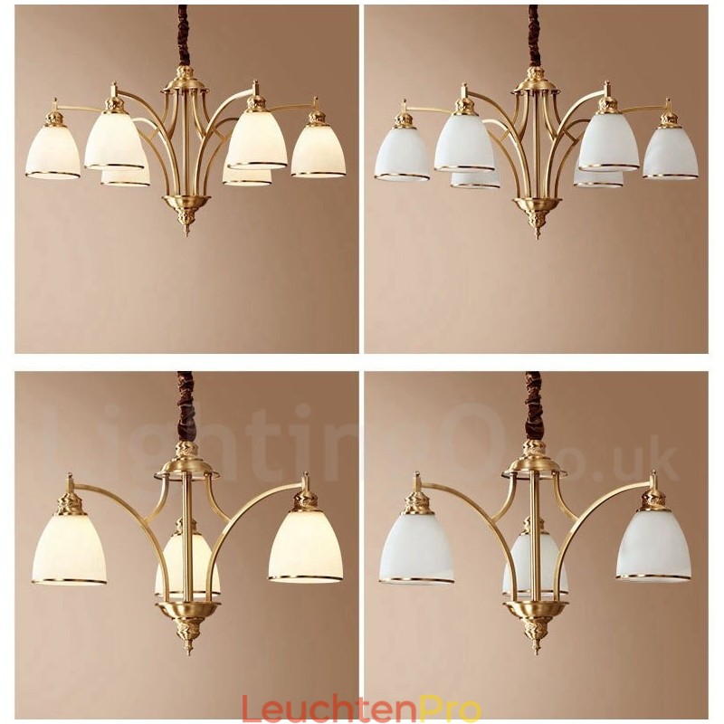 Großer luxuriöser rustikaler Retro-Vintage-Kronleuchter aus reinem Messing mit Glasschirmen