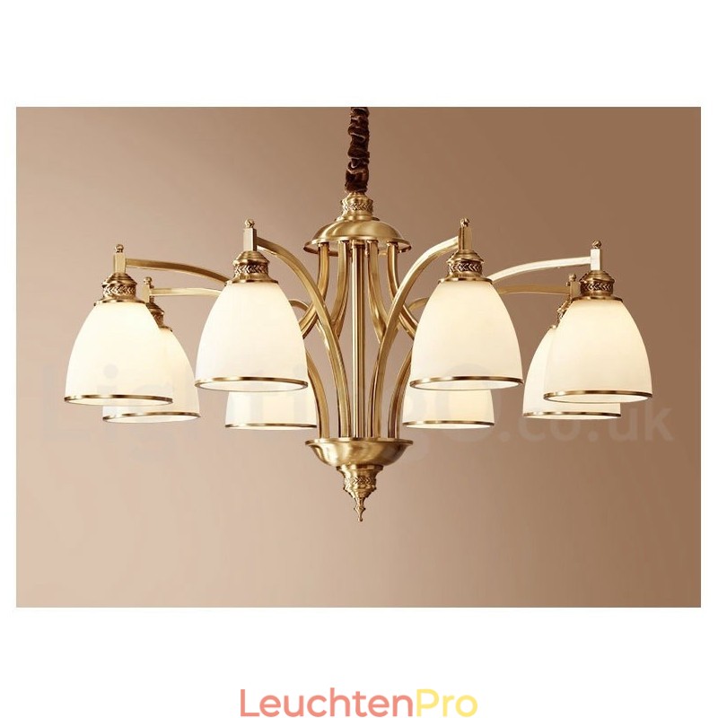 Großer luxuriöser rustikaler Retro-Vintage-Kronleuchter aus reinem Messing mit Glasschirmen