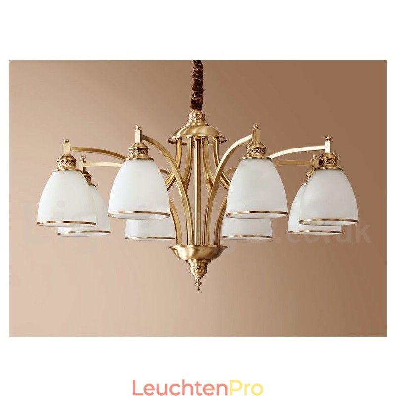 Großer luxuriöser rustikaler Retro-Vintage-Kronleuchter aus reinem Messing mit Glasschirmen