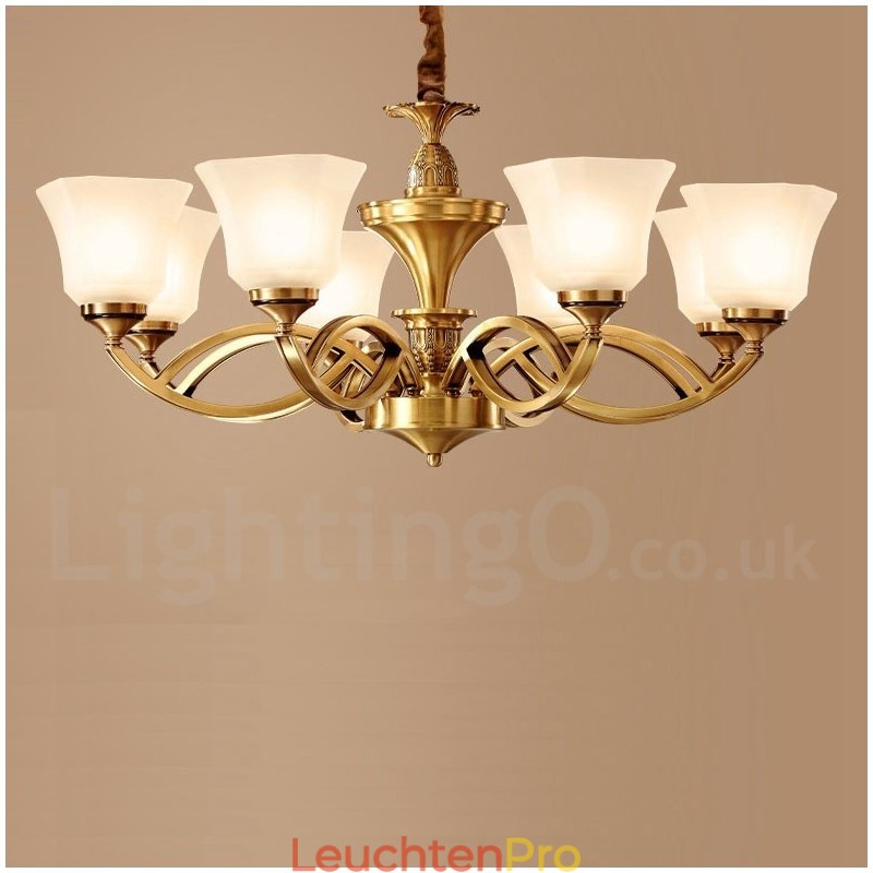 Großer luxuriöser rustikaler Retro-Vintage-Kronleuchter aus reinem Messing mit Glasschirmen