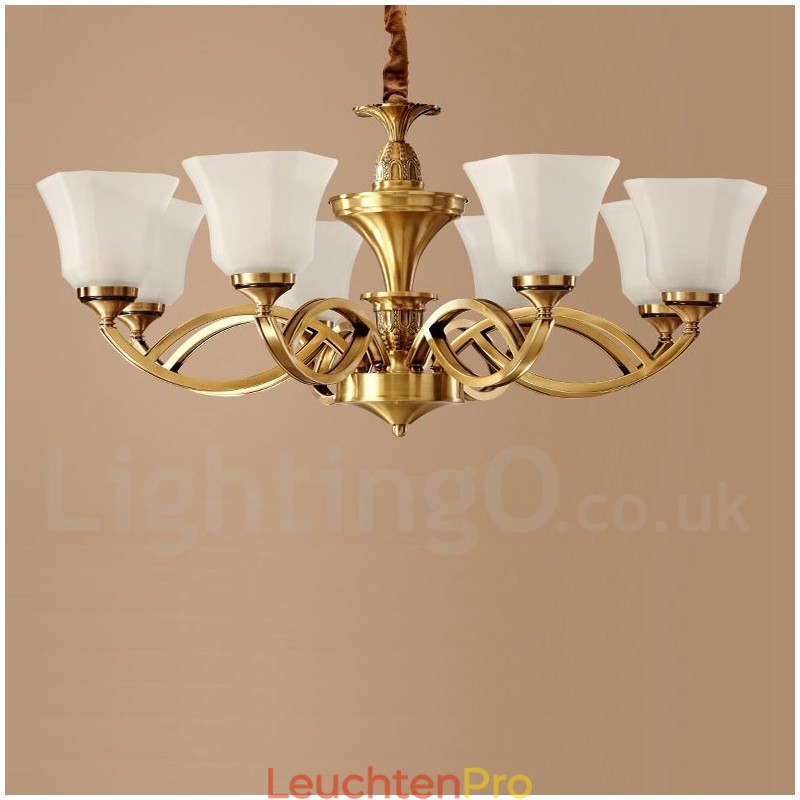 Großer luxuriöser rustikaler Retro-Vintage-Kronleuchter aus reinem Messing mit Glasschirmen